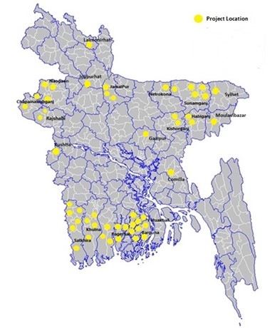 Locations covered by EKN supported WASH projects in Bangladesh