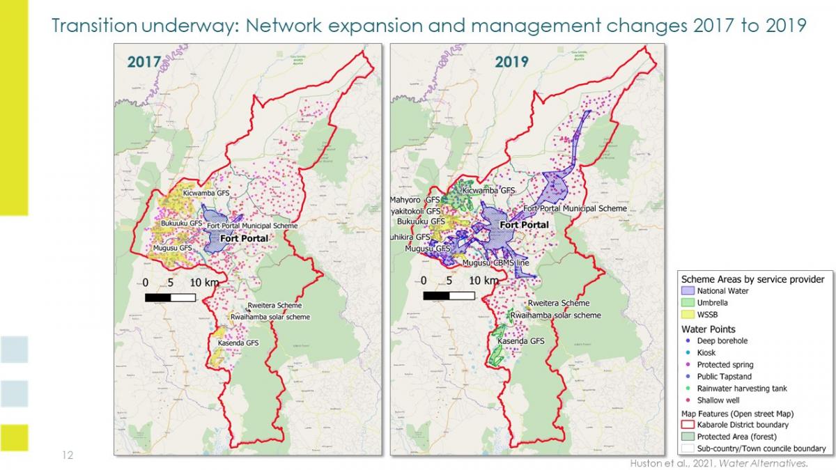 2017 and 2019 maps of water scheme ares by service provider in Kabarole District, Uganda